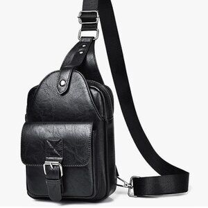Black Men’s Leather Sling Crossbody Backpack Bag